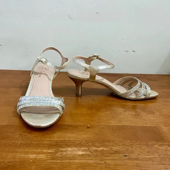 Lorraine Gold Leather with Rhinestone High Heel Sandals- Size 7.5M - Picture 2 of 8